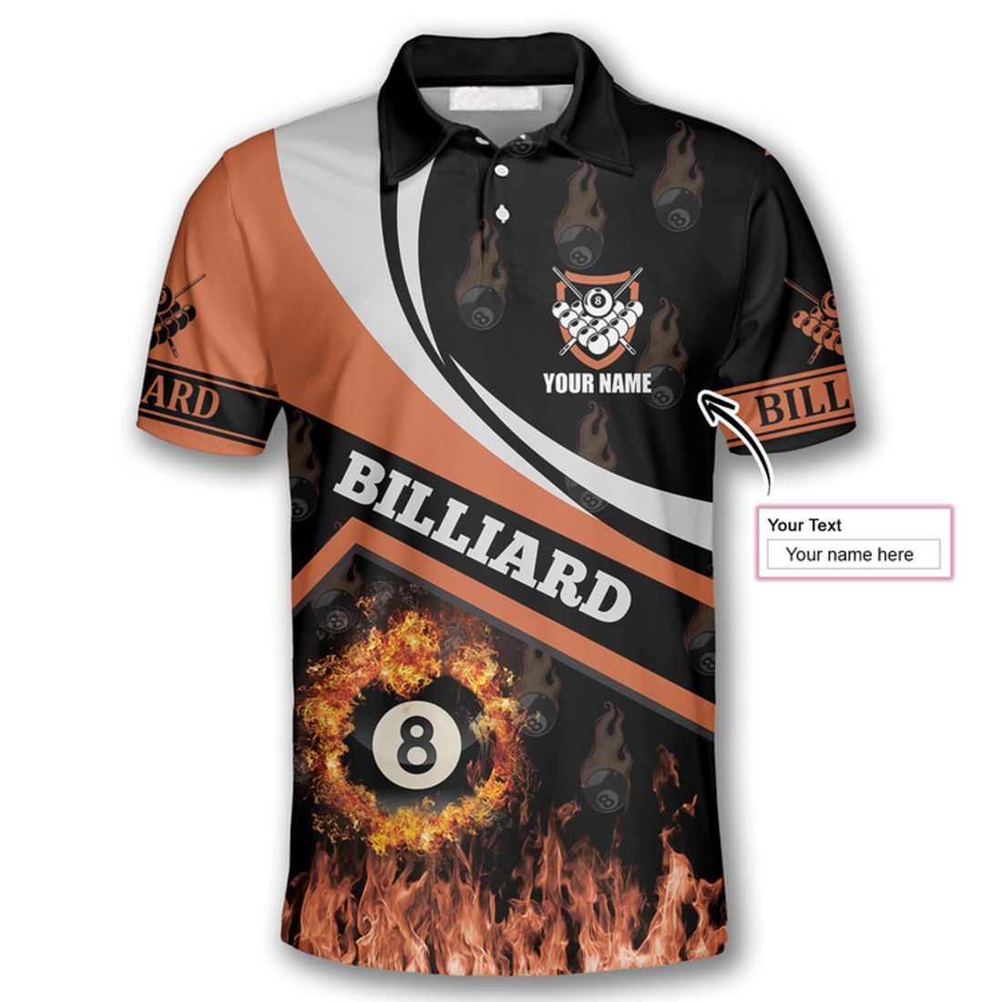 Custom Billiard Fire Flame Orange Style Custom Billiard Shirts for Men, Custom Billiard Shirts for Team, Men's Billiard Polo Shirts