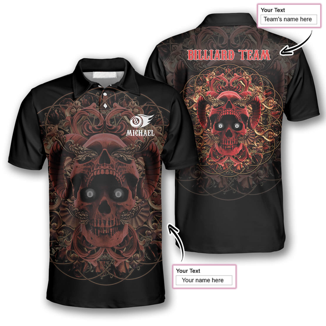 Custom 3D All Over Print Red Skull Custom Billiard Shirts For Men, Skull Shirt, Billiard Shirt