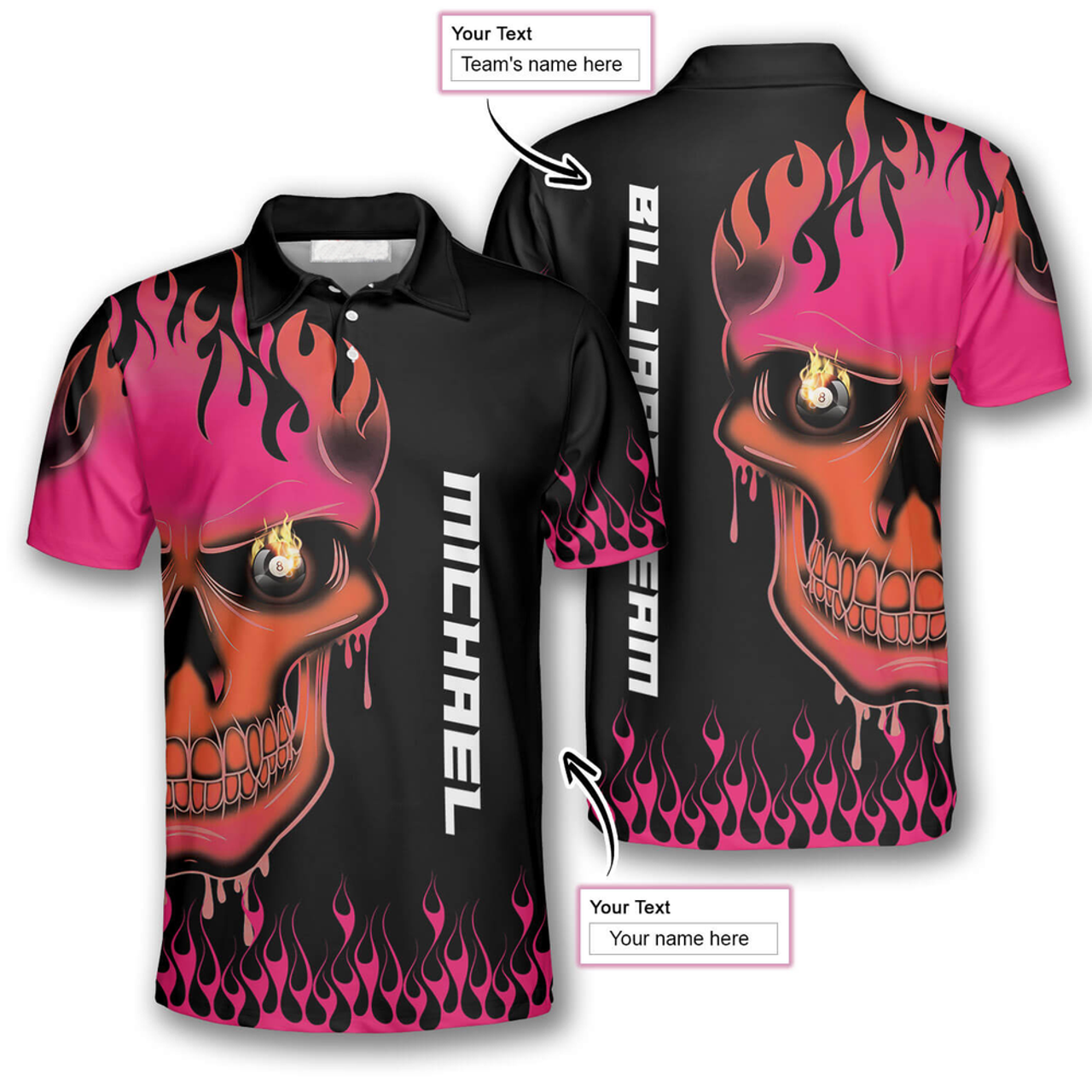 Custom Fire Skull Custom Billiard Shirts for Men, Custom Billiard 8 ball for Team, Men's Billiard Polo Shirts