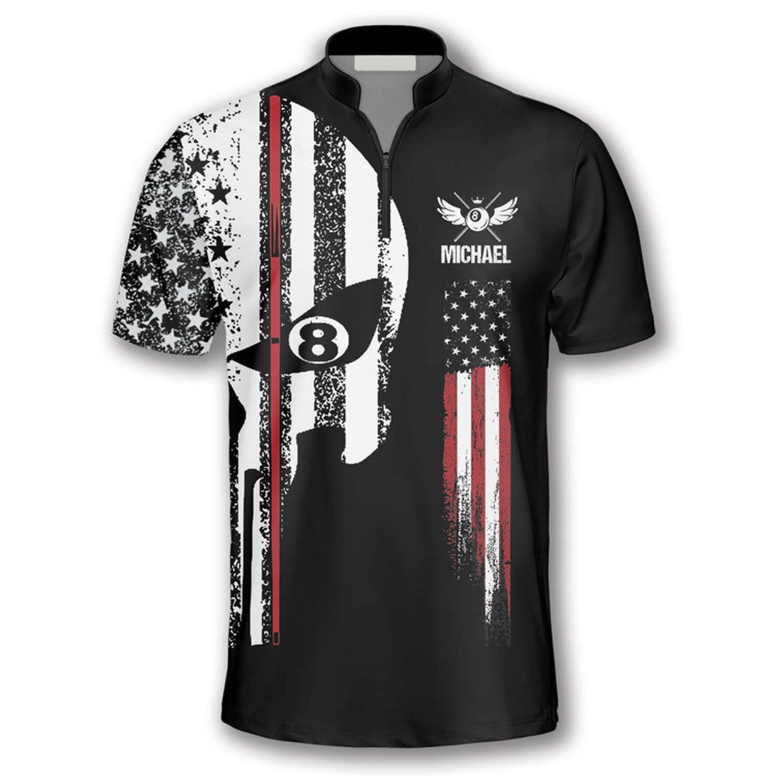 Custom Punisher Skull Flag Custom Billiard Jerseys for Men, Flag USA Billiard Shirt, Skull Zipper Polo Shirt