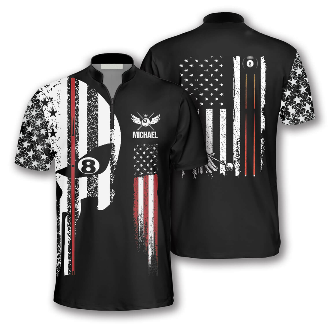 Custom Punisher Skull Flag Custom Billiard Jerseys for Men, Flag USA Billiard Shirt, Skull Zipper Polo Shirt