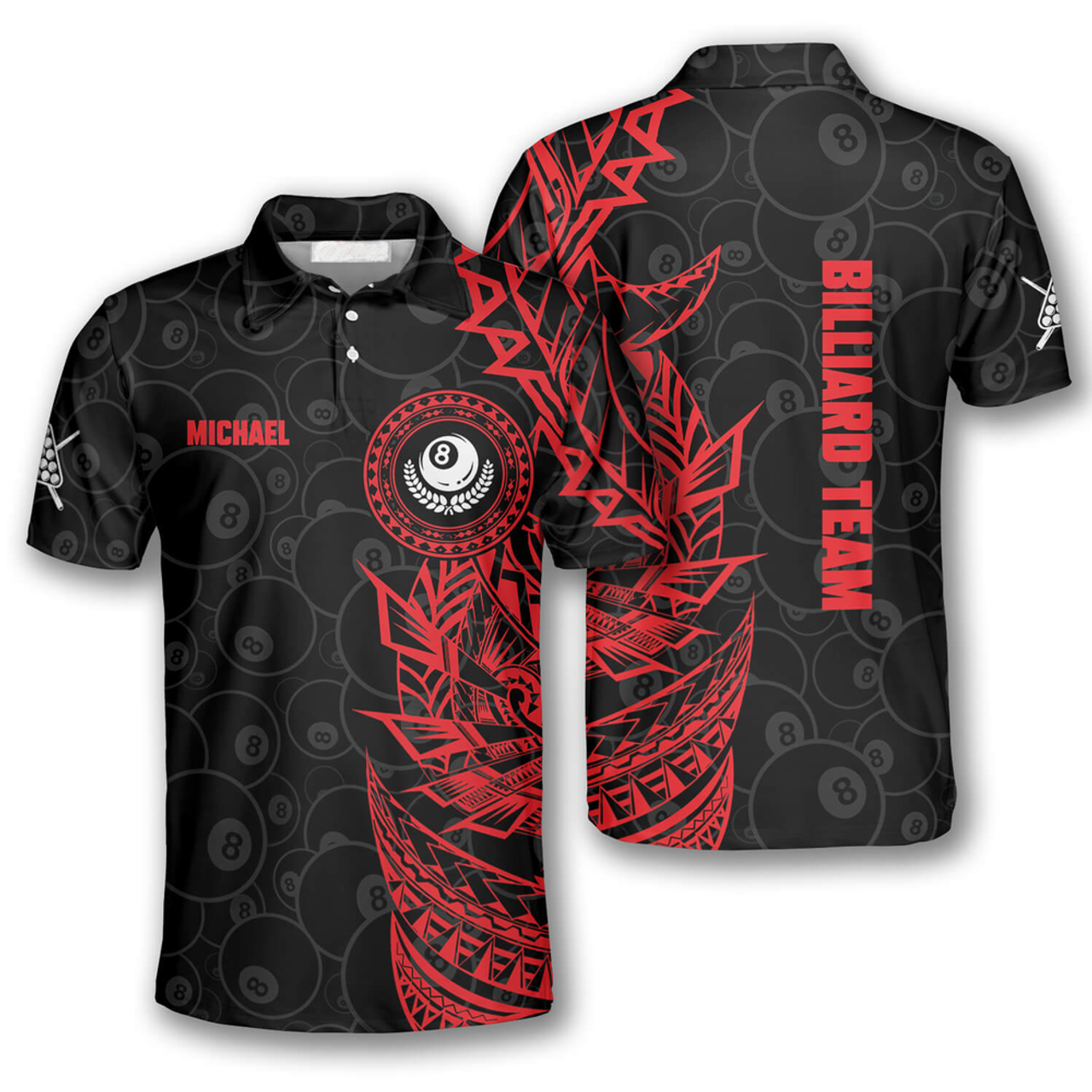 Custom 3D All Over Print Red Black Tribal Custom Billiard Polo Shirts for Men, Billiard Team Uniform