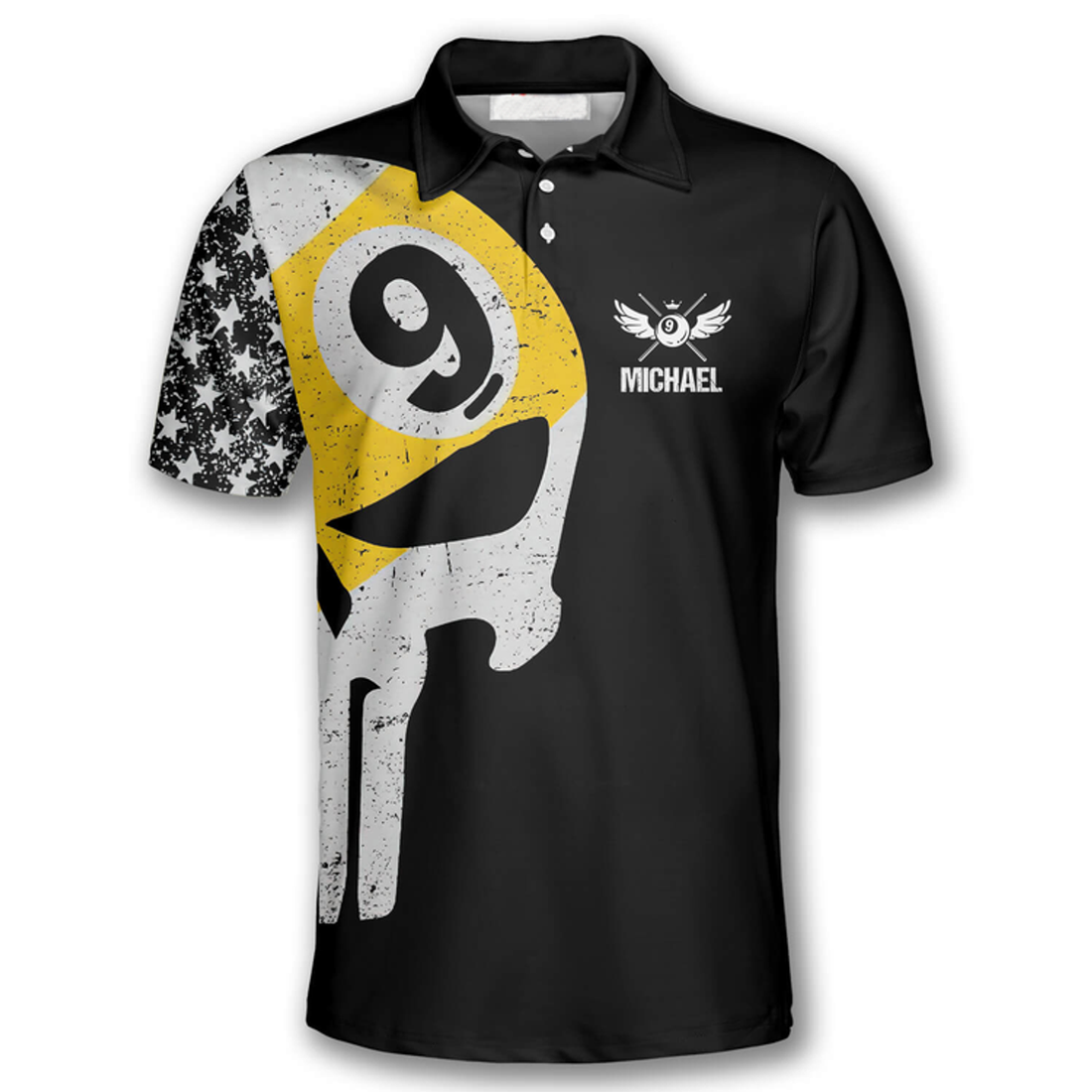 Custom Billiard 9 Ball Skull American Flag Pattern Custom Billiard Polo Shirts for Men, Billiard Shirt Team