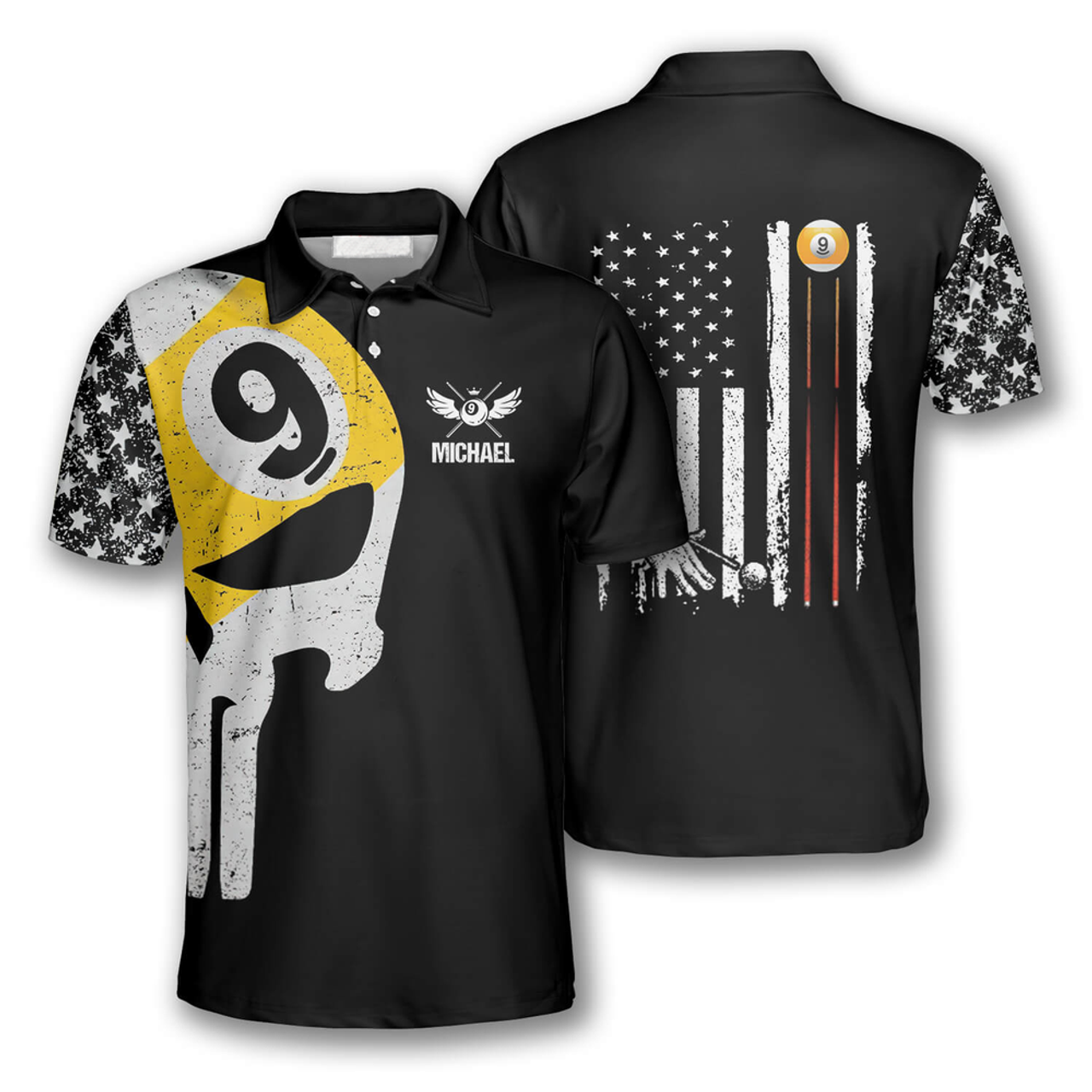 Custom Billiard 9 Ball Skull American Flag Pattern Custom Billiard Polo Shirts for Men, Billiard Shirt Team