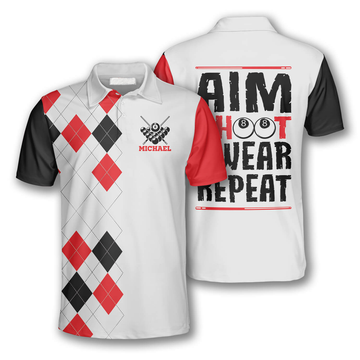 Custom Billiards Aim Shoot Swear Repeat Custom Billiard Shirts for Men, Custom Billiard Shirts for Team, Men's Billiard Polo Shirts