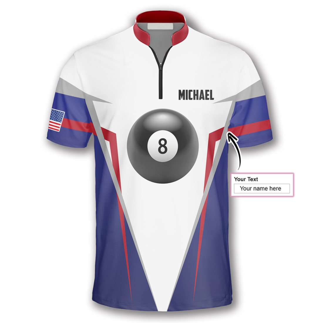 Custom 8 Ball USA Custom Billiard Jerseys for Men, Personalized Shirt for Billiard Player, Flag Zipper Polo Shirt