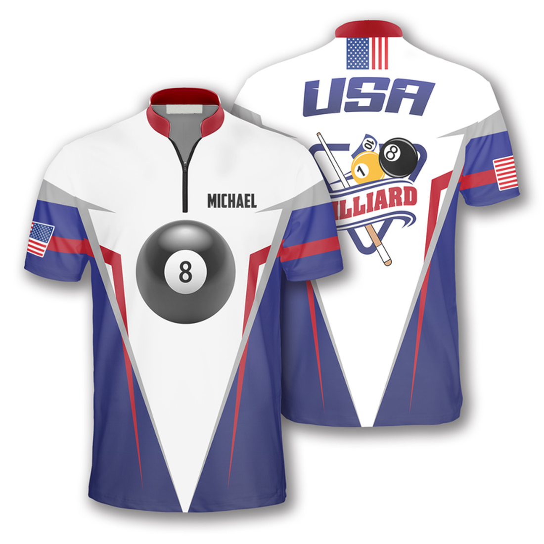 Custom 8 Ball USA Custom Billiard Jerseys for Men, Personalized Shirt for Billiard Player, Flag Zipper Polo Shirt