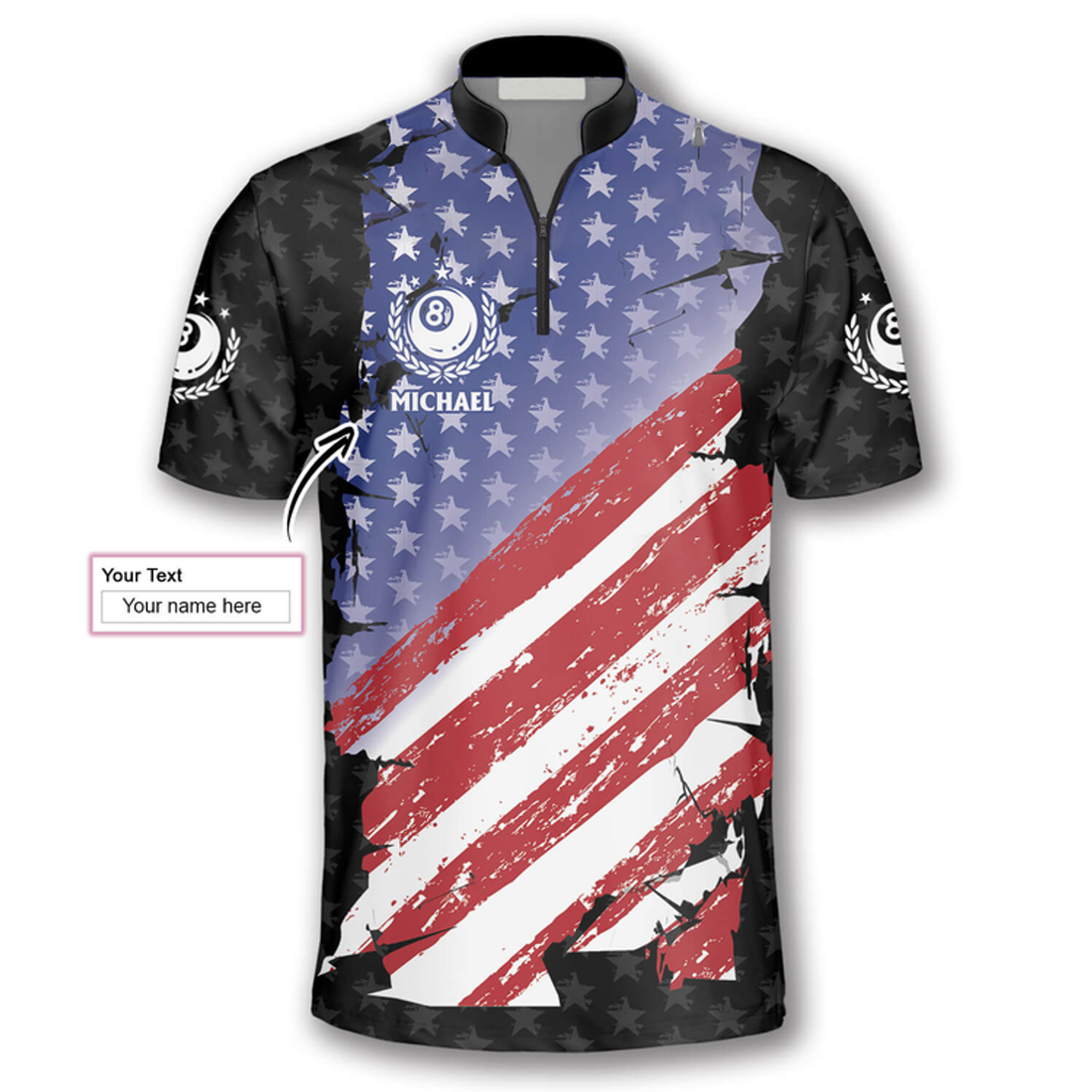 Custom Ball 8 Eagle USA Flag Custom Billiard Jerseys for Men, Billiard Zipper Polo Shirt for men, Gift For Billiard Players