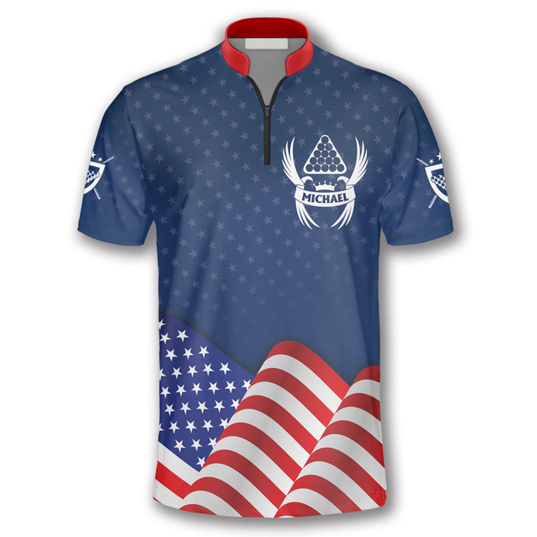 Custom Zipper Polo Shirt Patriotic Waving Flag Custom Billiard Jerseys for Men, Billiard Jersey Shirt, Flag Zipper Polo Shirt