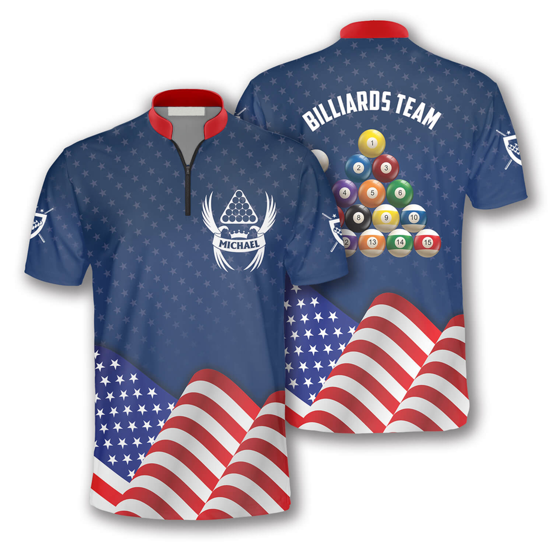 Custom Zipper Polo Shirt Patriotic Waving Flag Custom Billiard Jerseys for Men, Billiard Jersey Shirt, Flag Zipper Polo Shirt