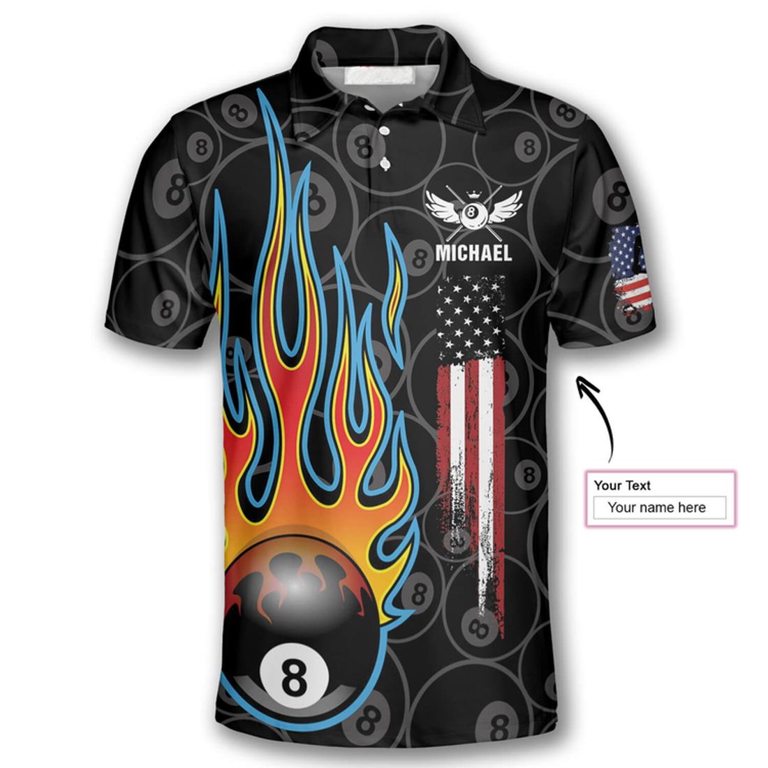 Custom Billiards Pool Flame 8 Ball Usa Flag Custom Billiard Shirts For Men