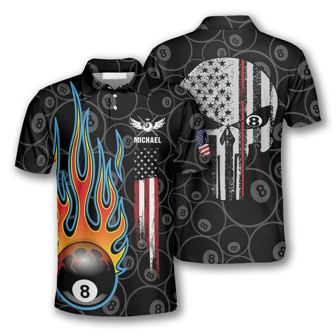 Custom Billiards Pool Flame 8 Ball Usa Flag Custom Billiard Shirts For Men