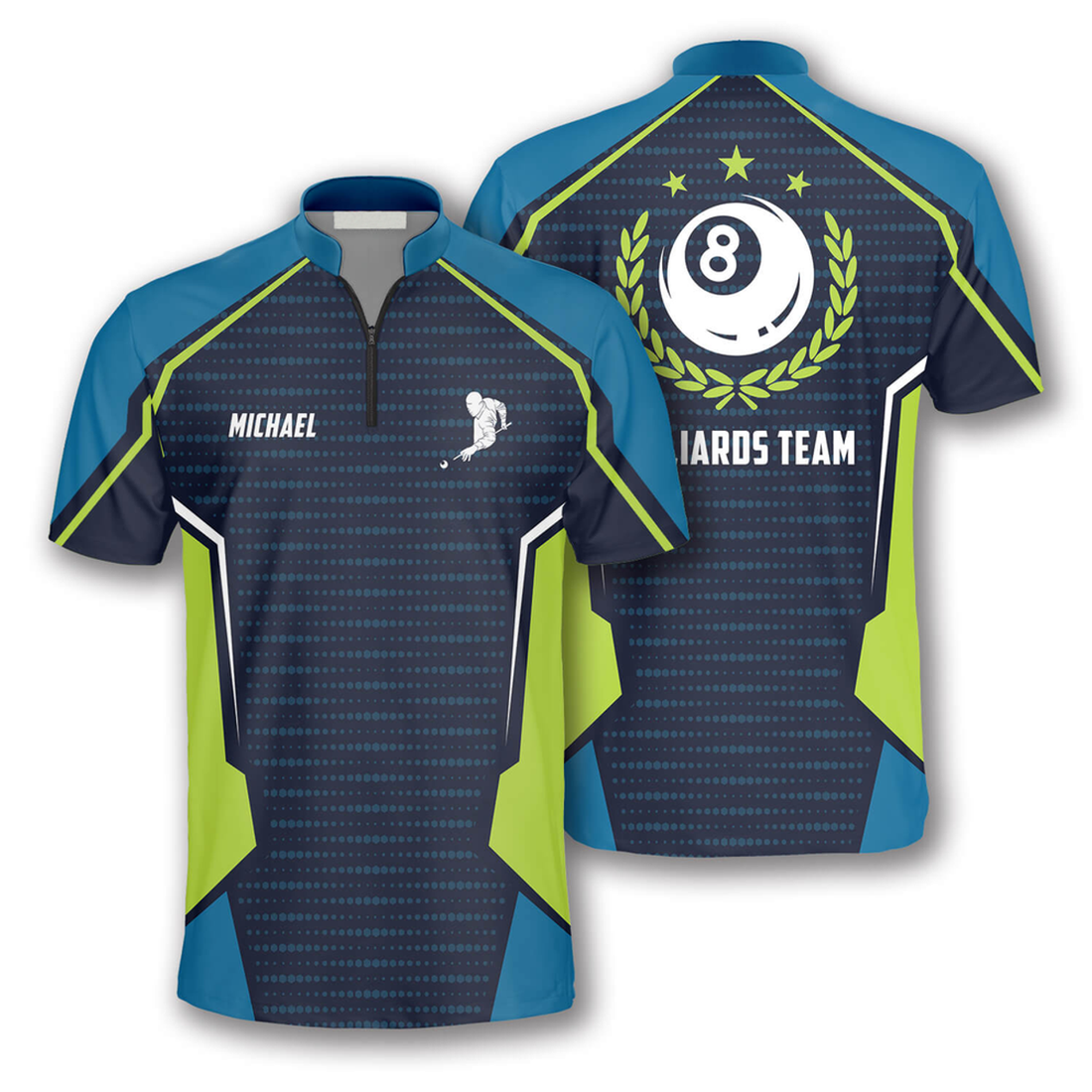 Custom Zipper Polo Shirt Green Blue Dot Lines Custom Billiard Jerseys for Men, Personalized Billiard Shirt