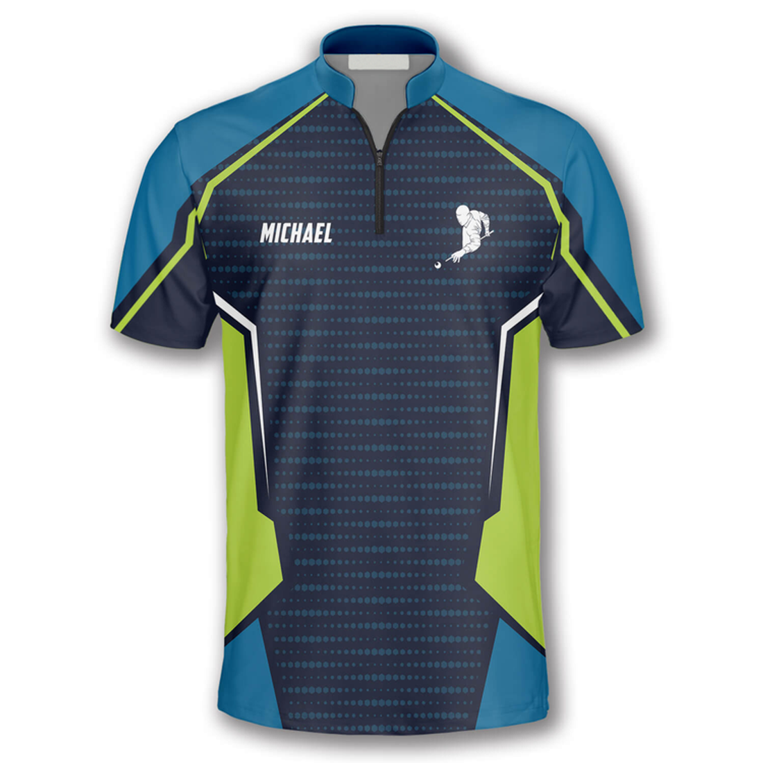 Custom Zipper Polo Shirt Green Blue Dot Lines Custom Billiard Jerseys for Men, Personalized Billiard Shirt