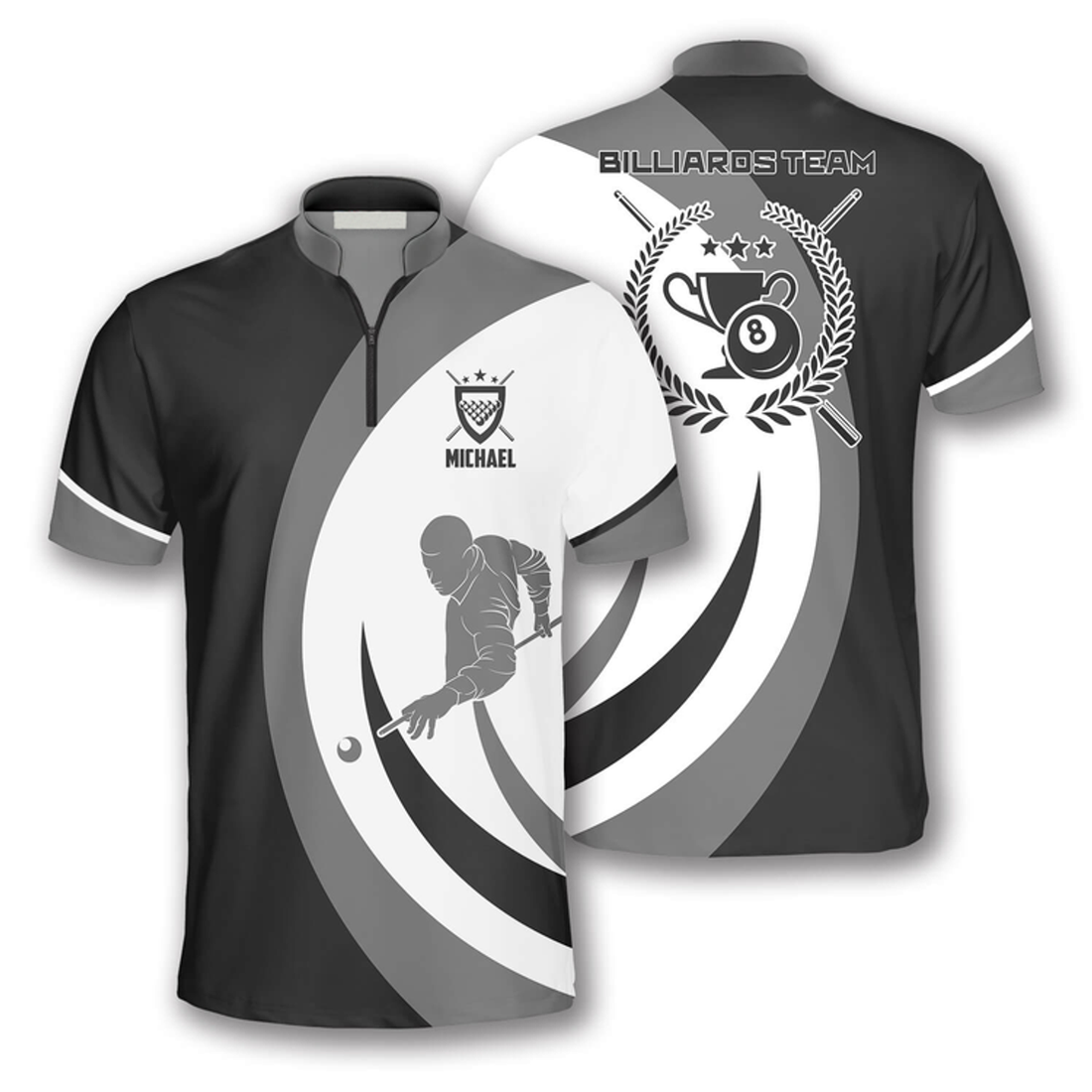 Custom Black Grey Silhouette Custom Billiard Jerseys for Men, Team Billiard Shirt, Uniform Billiard Team