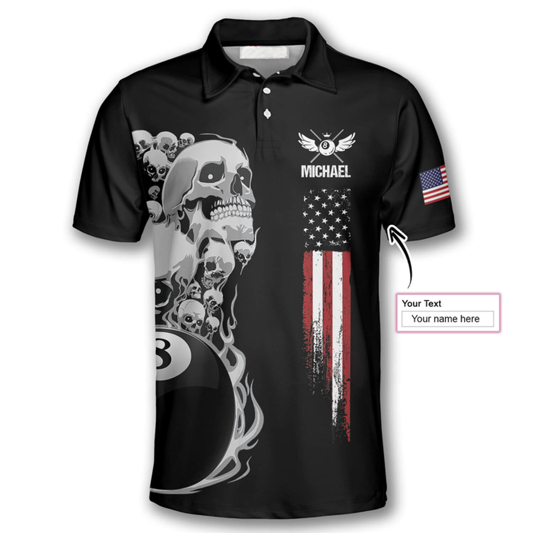 Custom Billiards Skull American Flag Patriotic Custom Billiard Shirts for Men, Flag Shirt, Billiard Polo Shirt