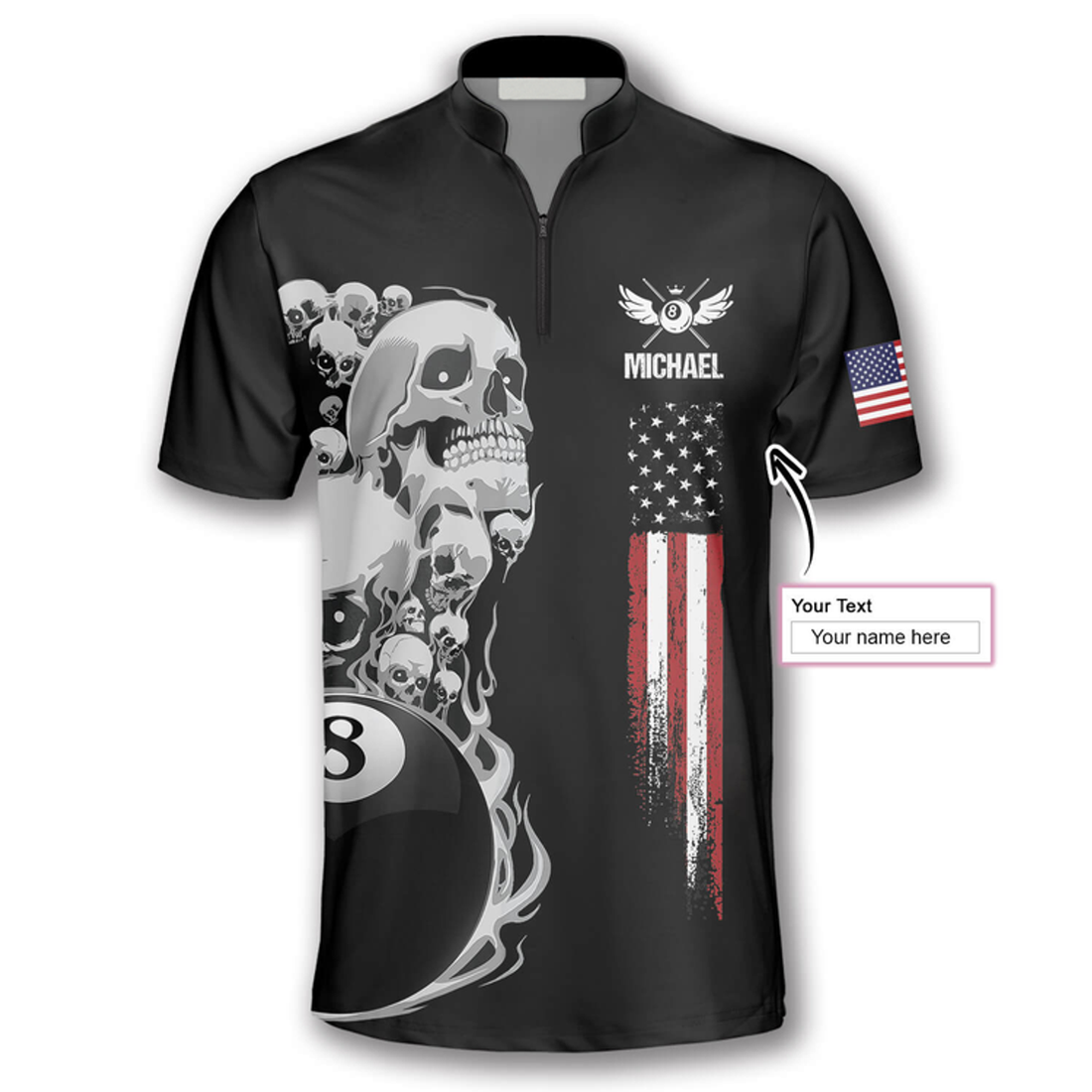 Custom Skull Flag In Black Custom Billiard Jerseys for Men, Idea Shirt for Billiard Player, Skull Zipper Polo Shirt