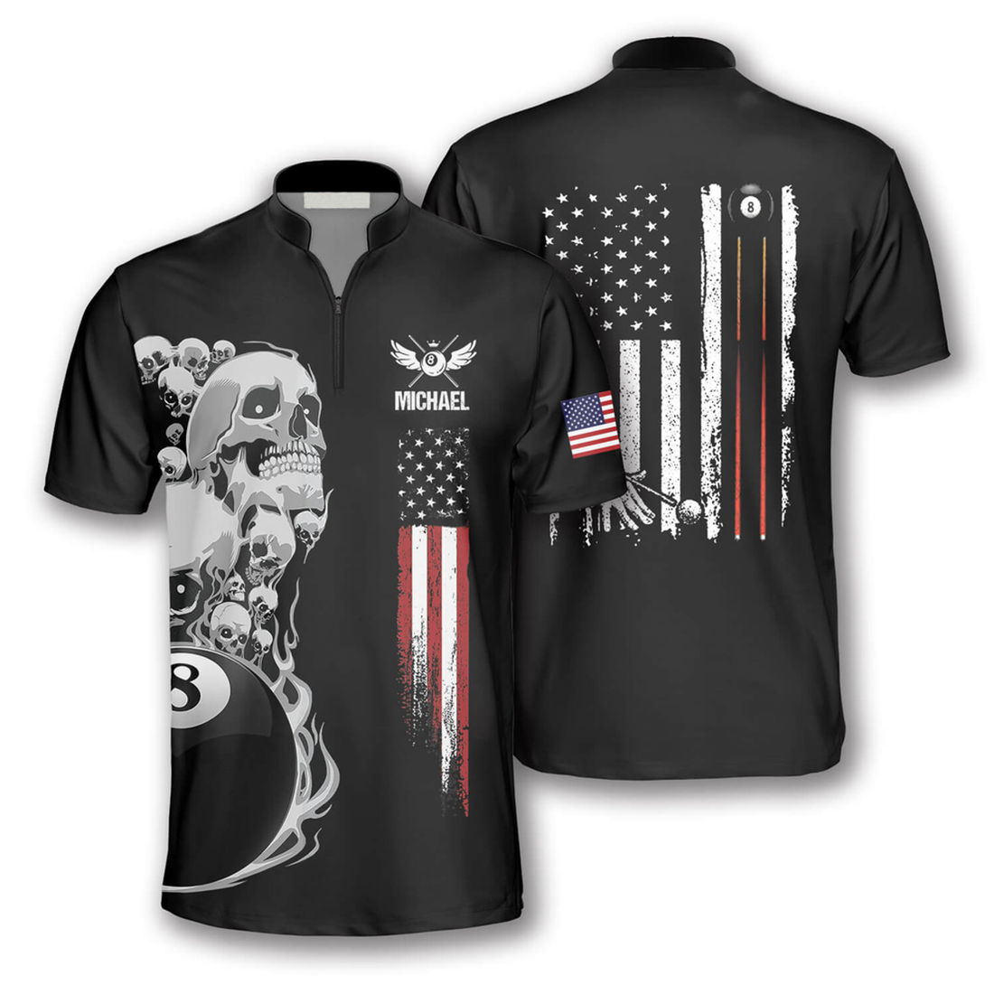 Custom Skull Flag In Black Custom Billiard Jerseys for Men, Idea Shirt for Billiard Player, Skull Zipper Polo Shirt