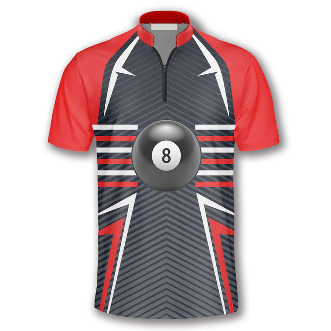 Custom Ball 8 Red Grey Custom Billiard Jerseys for Men, Zipper Polo Shirt Billiard Jersey Shirt