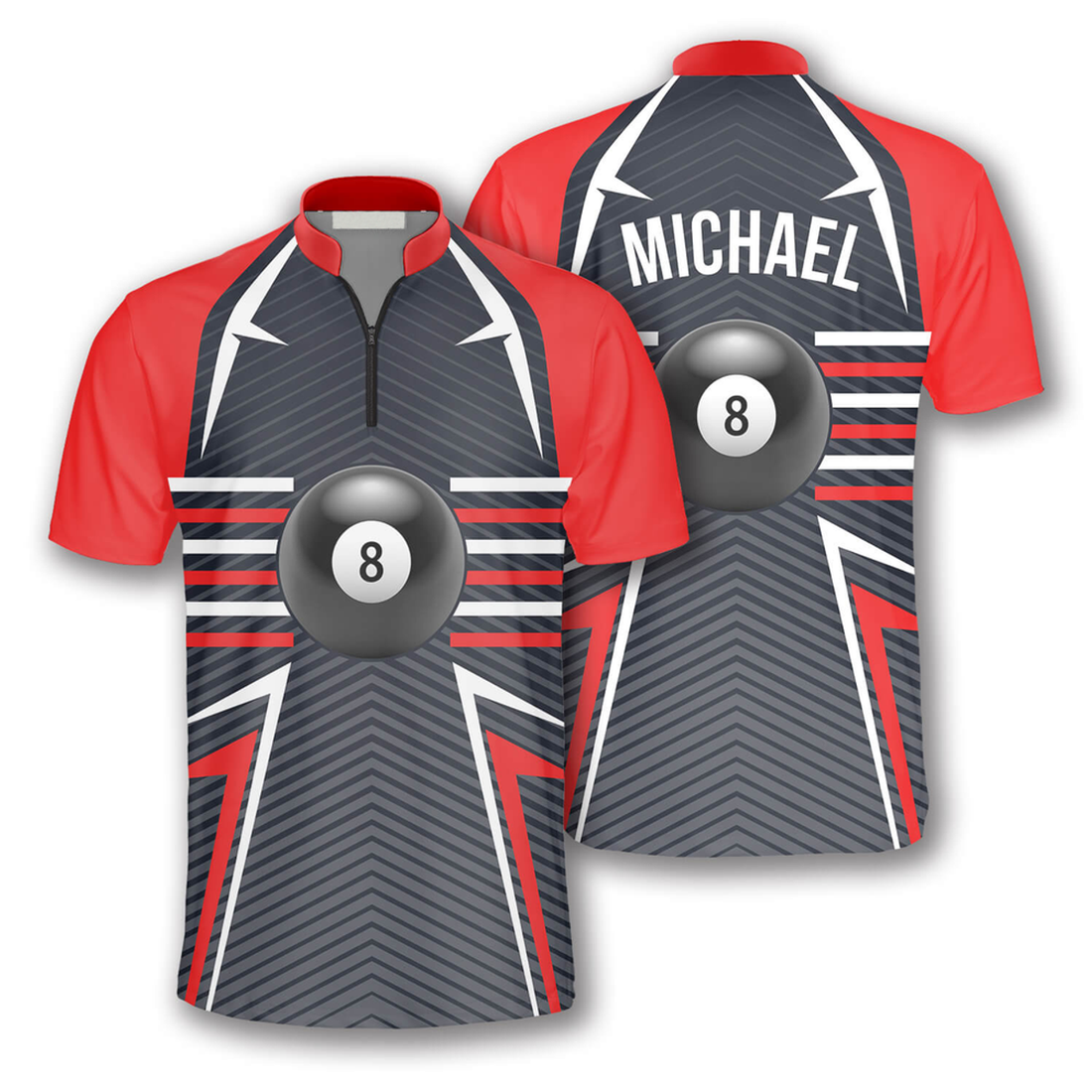 Custom Ball 8 Red Grey Custom Billiard Jerseys for Men, Zipper Polo Shirt Billiard Jersey Shirt