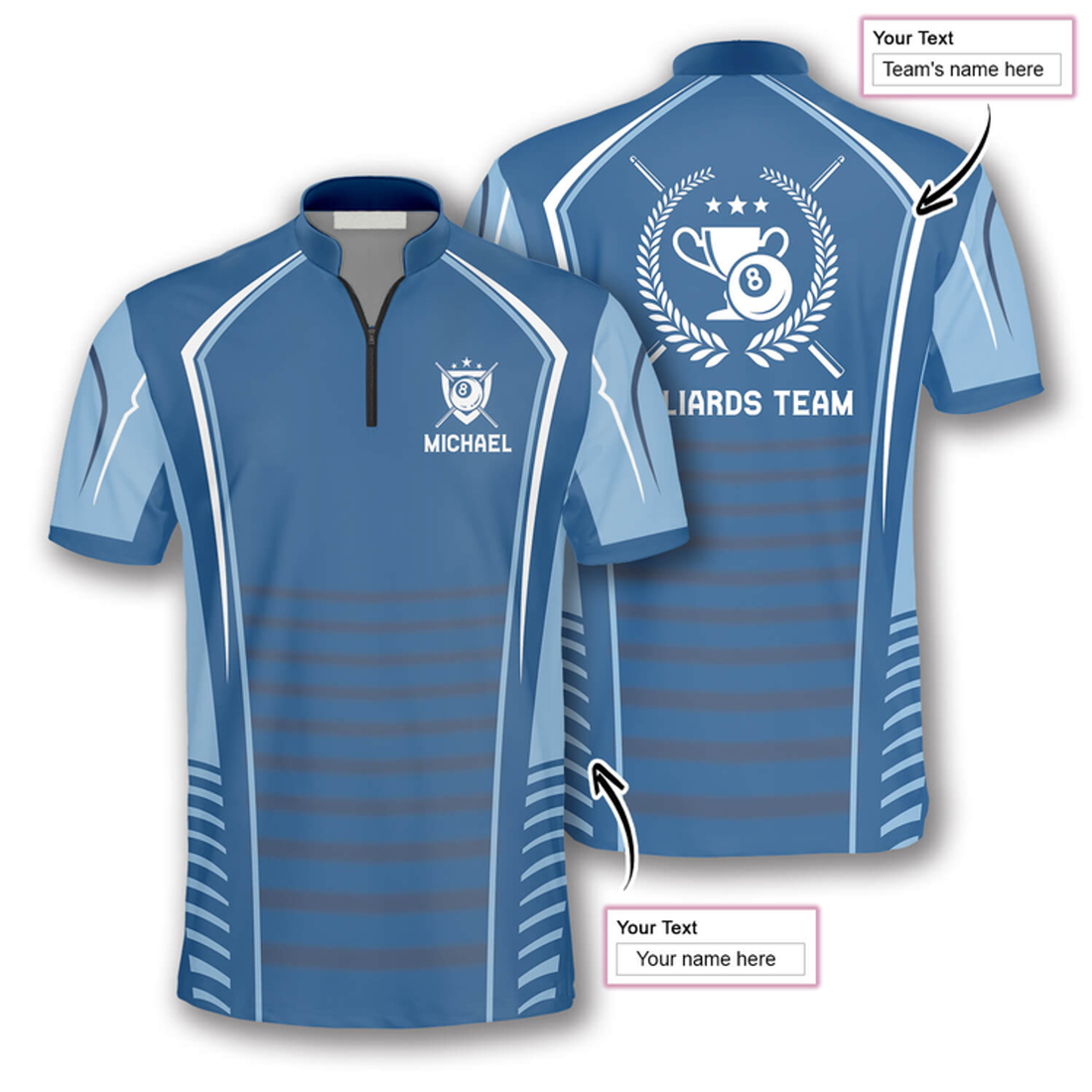 Custom Light Blue Trophy Emblem Custom Billiard Jerseys for Men, Idea Gift for Billiard Player, Billiard Team Shirt