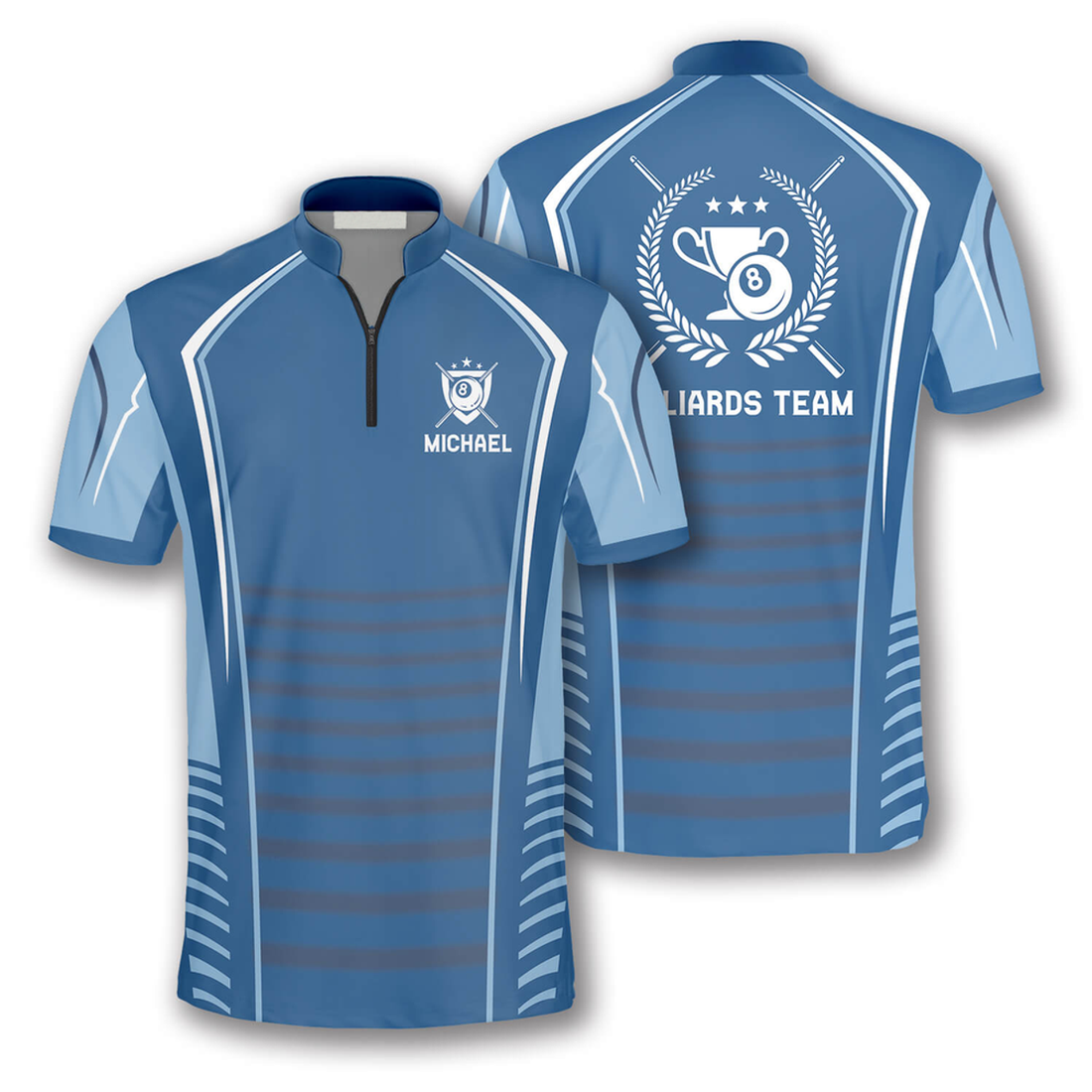 Custom Light Blue Trophy Emblem Custom Billiard Jerseys for Men, Idea Gift for Billiard Player, Billiard Team Shirt