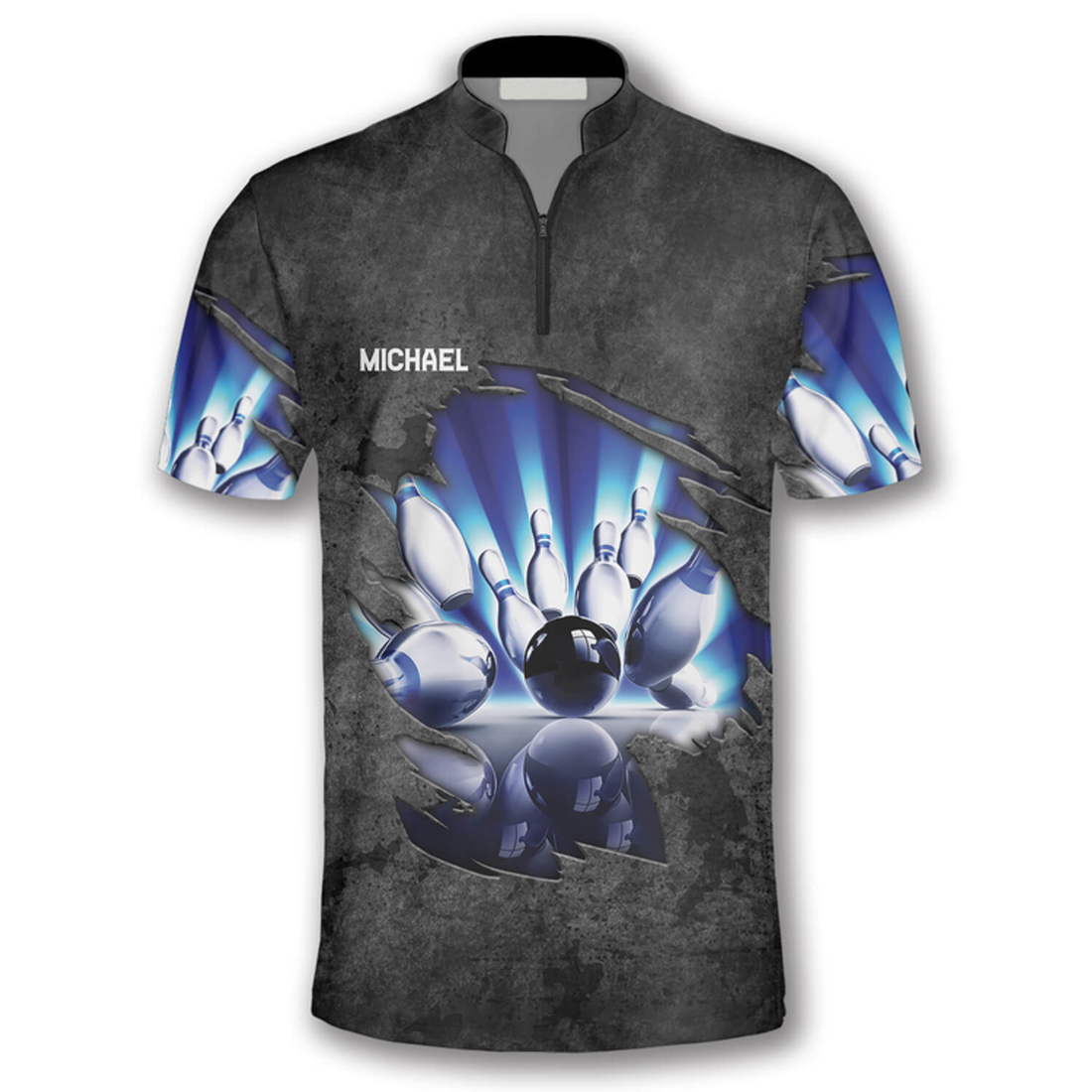 Custom Blue Pins Grey Grunge Pattern Custom Bowling Jerseys for Men, Personalized Bowling Zipper Polo Shirt