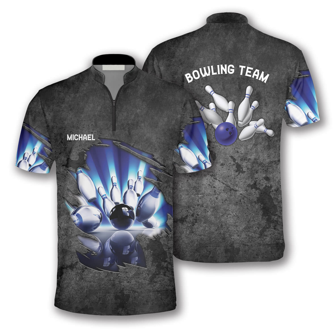 Custom Blue Pins Grey Grunge Pattern Custom Bowling Jerseys for Men, Personalized Bowling Zipper Polo Shirt