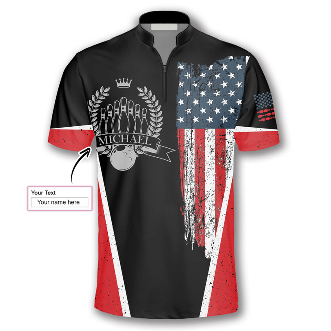 Custom Vintage Flag Crown Emblem Custom Bowling Jerseys for Men, Custom Name Bowling Zipper Polo Shirt