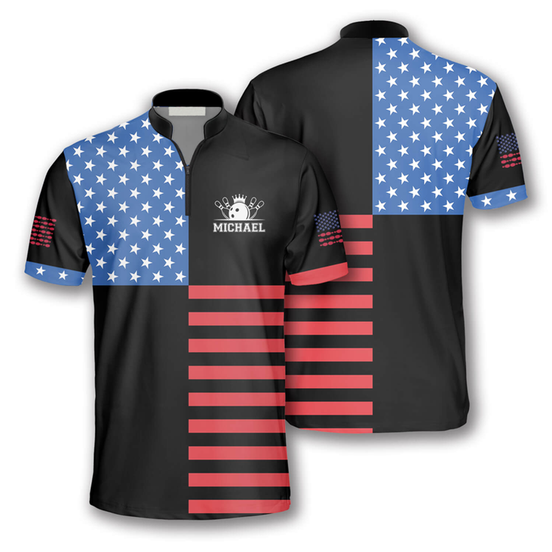 Custom American Flag Crown Emblem Custom Bowling Jerseys for Men, Idea Gift for Bowler, Flag Zipper Polo Shirt
