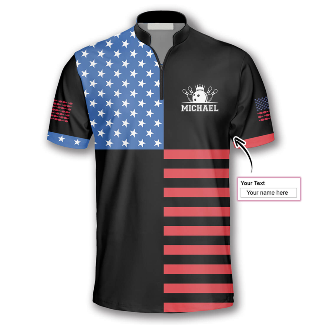 Custom American Flag Crown Emblem Custom Bowling Jerseys for Men, Idea Gift for Bowler, Flag Zipper Polo Shirt