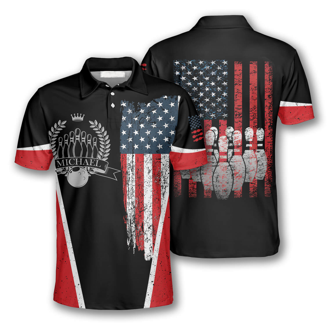 Custom Vintage Bowling American Flag Label Custom Bowling Polo Shirts for Men