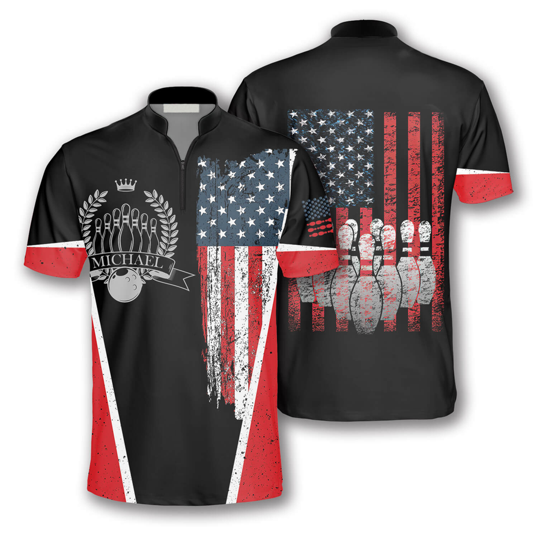 Custom Vintage Flag Crown Emblem Custom Bowling Jerseys for Men, Custom Name Bowling Zipper Polo Shirt