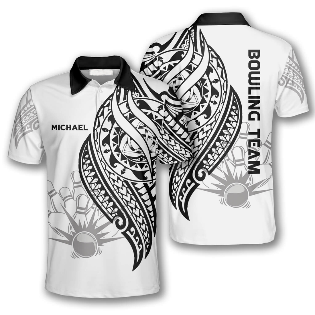 Custom Black White Tribal Custom Bowling Shirts For Men, Idea Gift For Bowling Lover