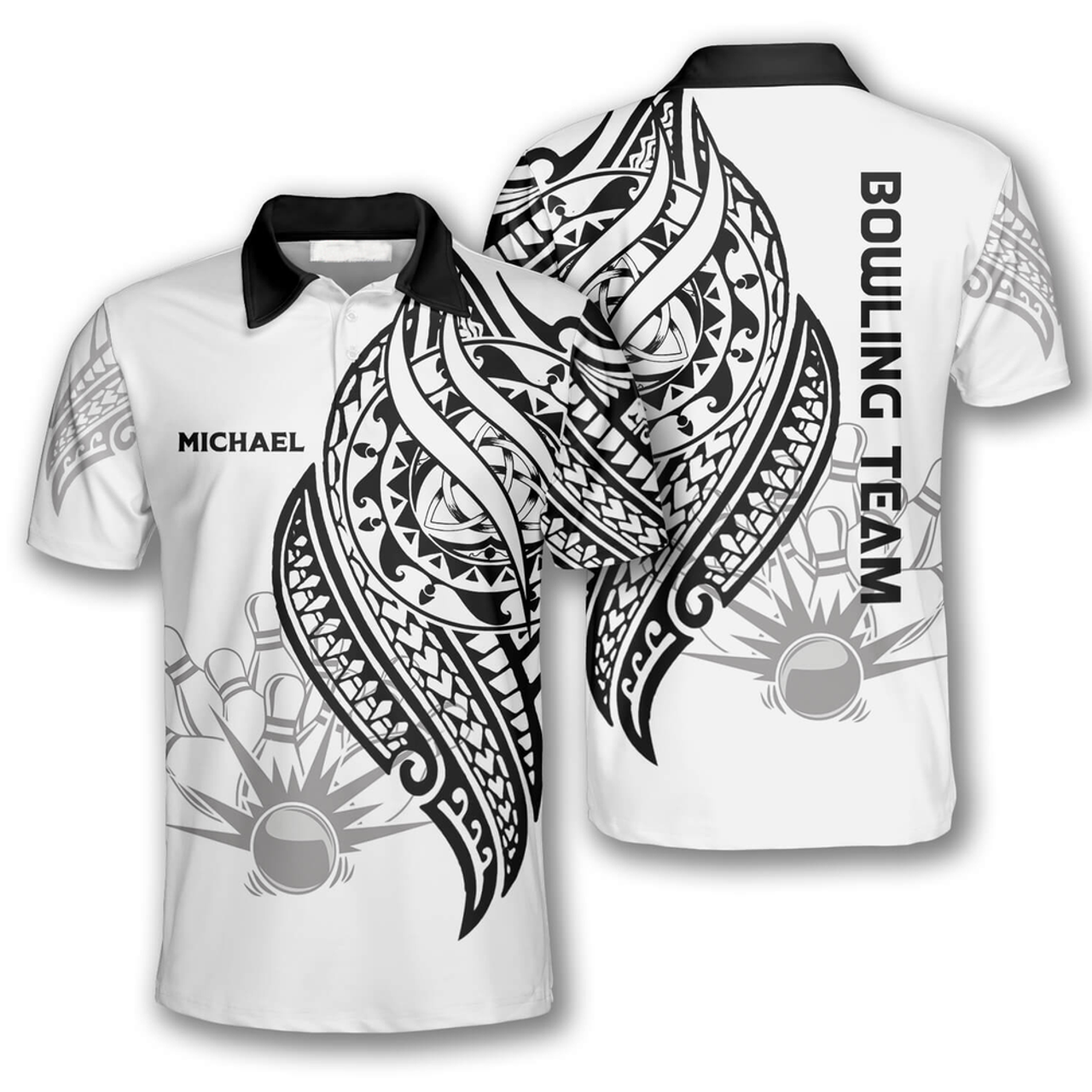 Custom Black White Tribal Custom Bowling Shirts For Men, Idea Gift For Bowling Lover