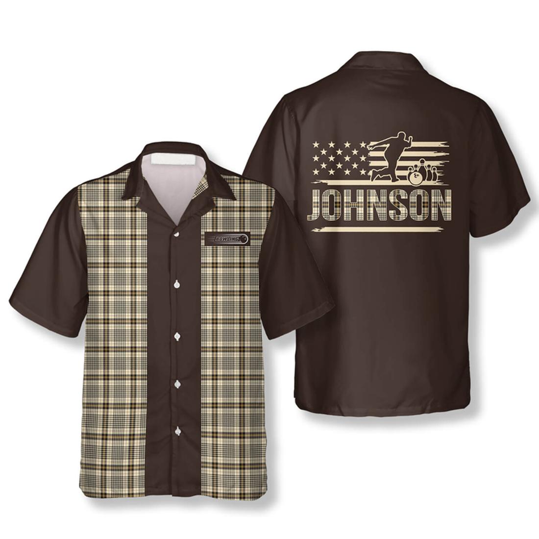 Custom Gingham Print Custom Bowling Hawaiian Shirt, Personalized Name Flag Bowling Shirt