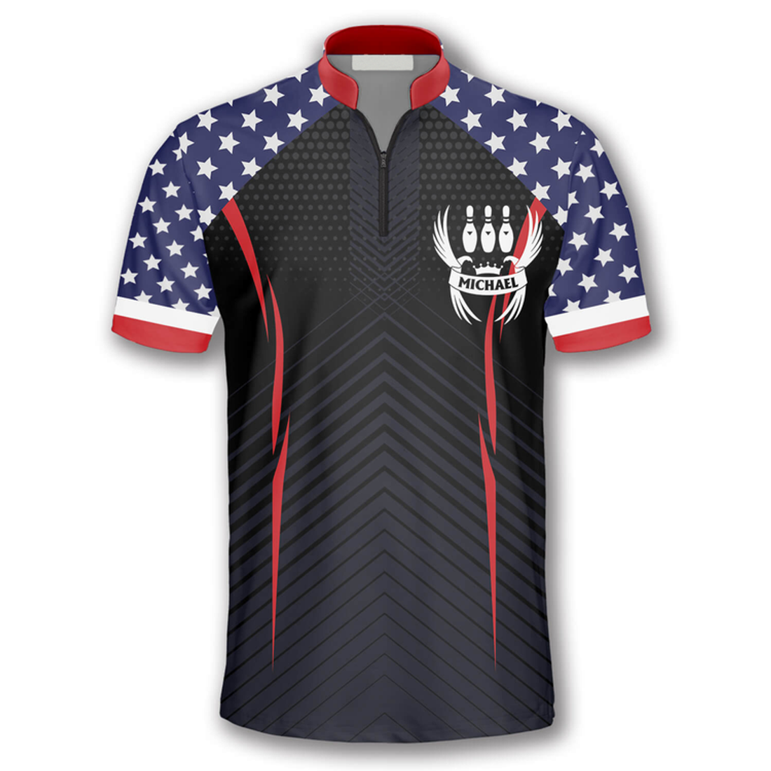 Custom Patriotic Eagle American Flag Custom Bowling Jerseys for Men, Uniform Shirt for Bowling Team, Flag Zipper Polo Shirt