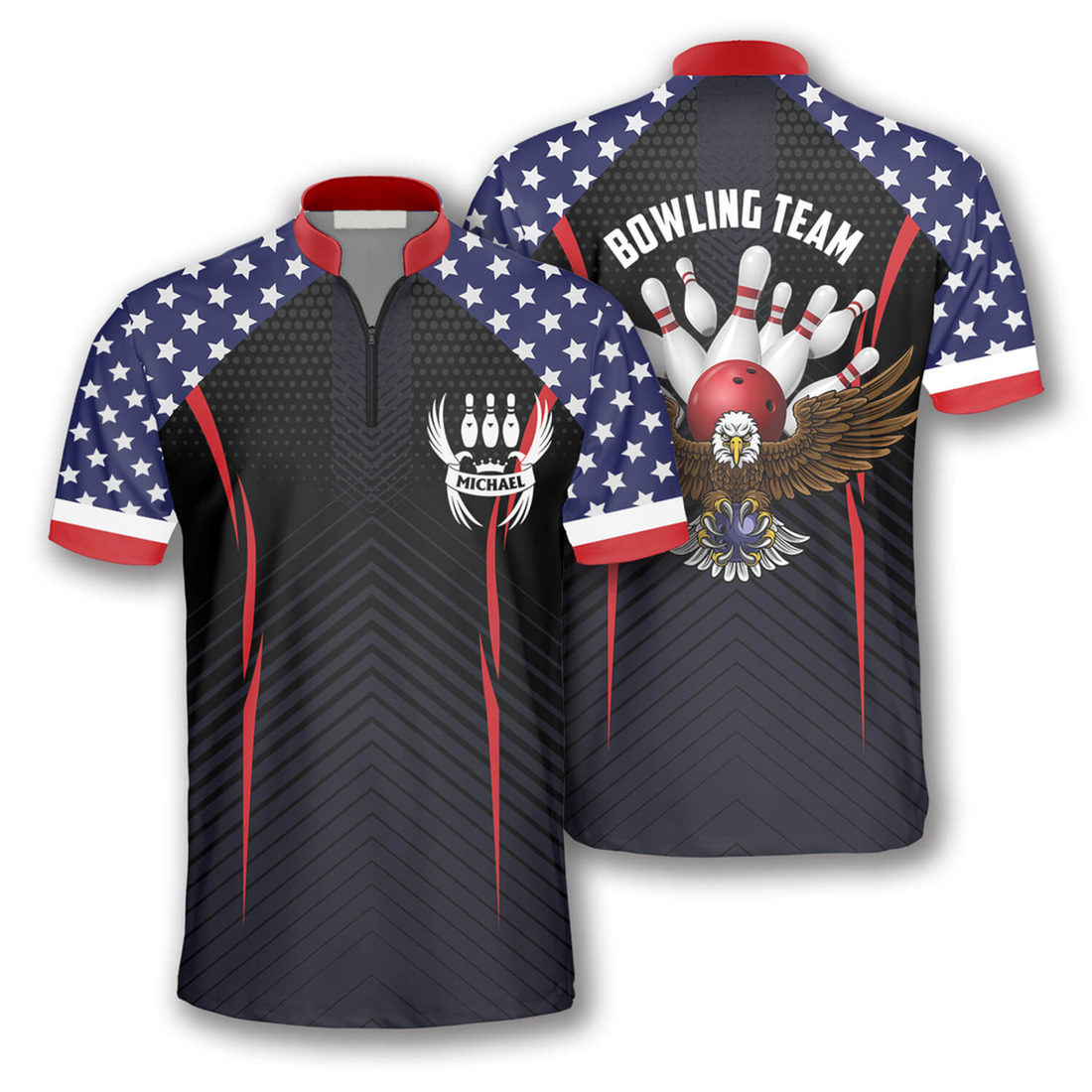 Custom Patriotic Eagle American Flag Custom Bowling Jerseys for Men, Uniform Shirt for Bowling Team, Flag Zipper Polo Shirt