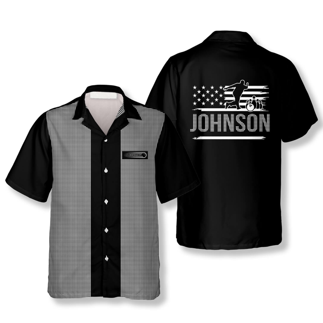Custom Gingham Print Custom Bowling Hawaiian Shirt, Personalized Name Flag Bowling Shirt