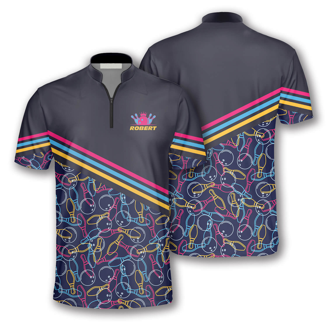 Custom Zipper Polo Shirt Bowling Pattern In Navy and Black Custom Bowling Jerseys for Men, Cool Shirt for Bowling Lover