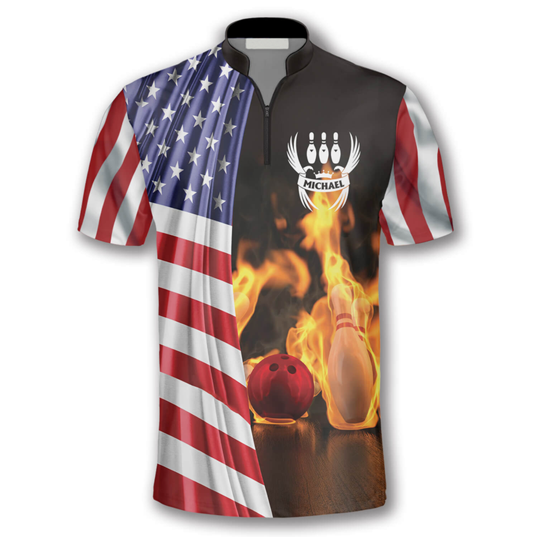 Custom On Fire US Flag Custom Bowling Jerseys for Men, Flag American Bowling Shirt, Flag Zipper Polo Shirt