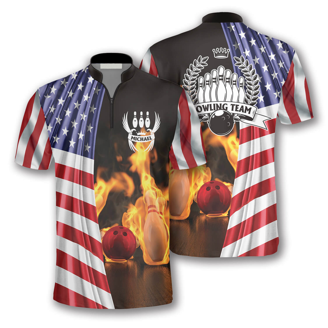 Custom On Fire US Flag Custom Bowling Jerseys for Men, Flag American Bowling Shirt, Flag Zipper Polo Shirt