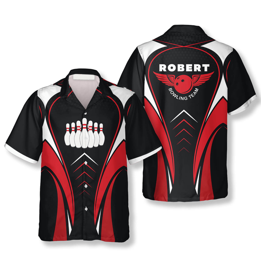 Custom Bowling Pins Red Black Custom Bowling Hawaiian Shirt, Personalized Bowling Hawaiian Shirt, Gift for Bowler