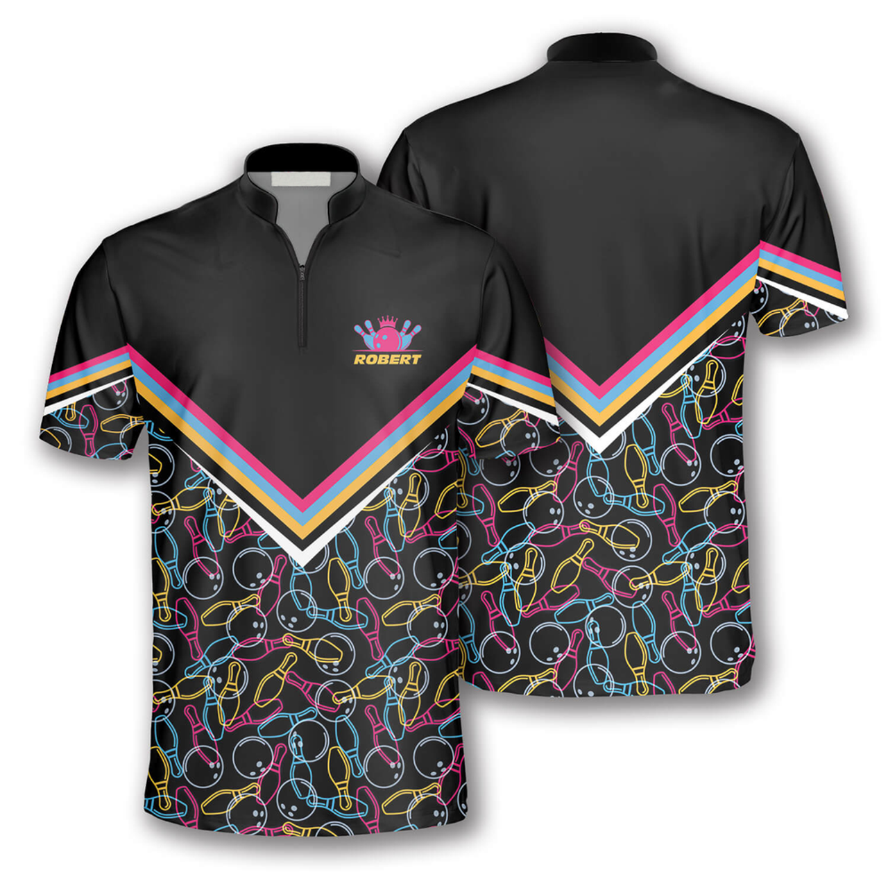 Custom Zipper Polo Shirt Bowling Pattern In Black Colorful Lines Custom Bowling Jerseys for Men