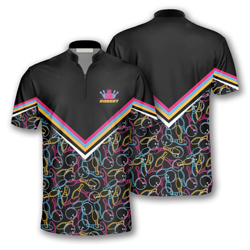 Custom Zipper Polo Shirt Bowling Pattern In Black Colorful Lines Custom Bowling Jerseys for Men