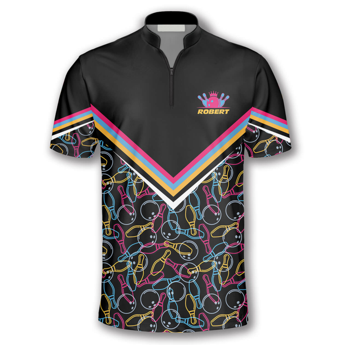 Custom Zipper Polo Shirt Bowling Pattern In Black Colorful Lines Custom Bowling Jerseys for Men