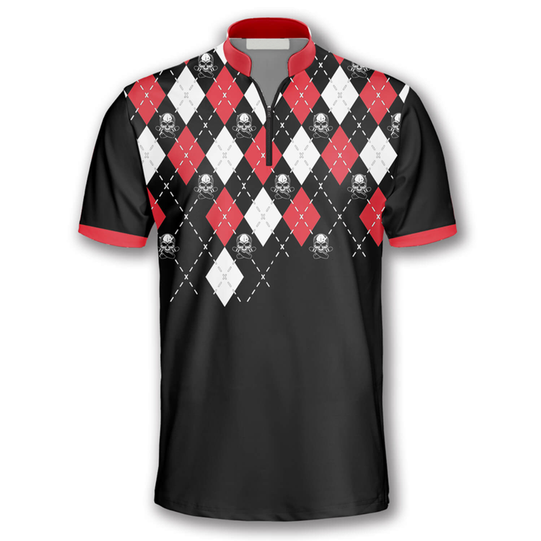 Custom Skull Red Argyle Pattern Custom Bowling Jerseys for Men, Perfect Gift for Bowler, Skull Bowling Shirt