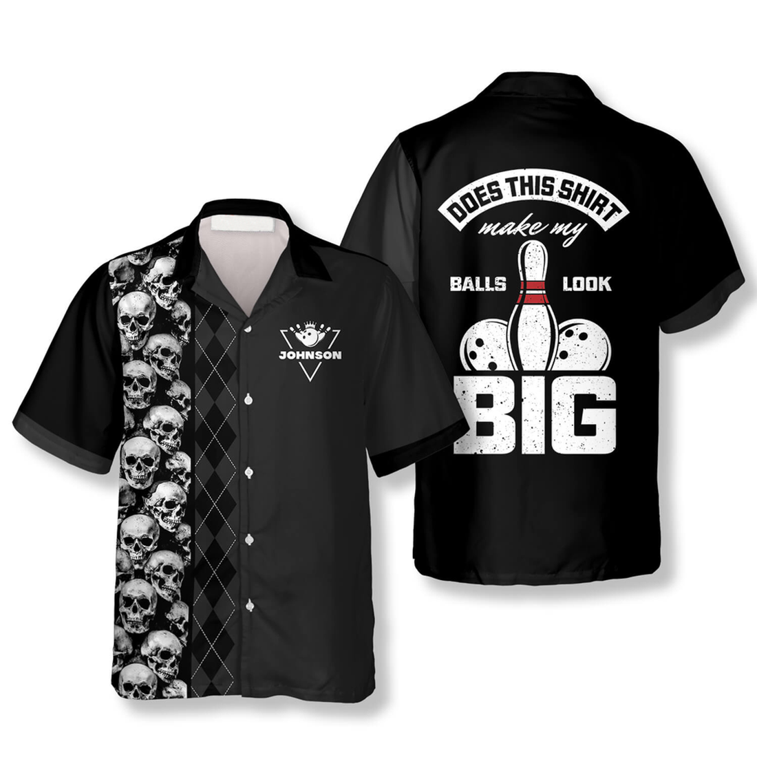 Custom Skull Argyle Pattern Funny Quote Custom Bowling Hawaiian Shirt, Black Bowling Skull Shirt
