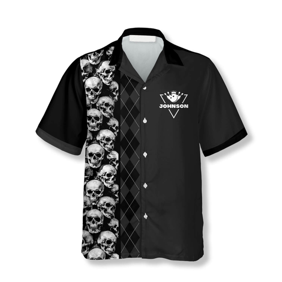 Custom Skull Argyle Pattern Funny Quote Custom Bowling Hawaiian Shirt, Black Bowling Skull Shirt