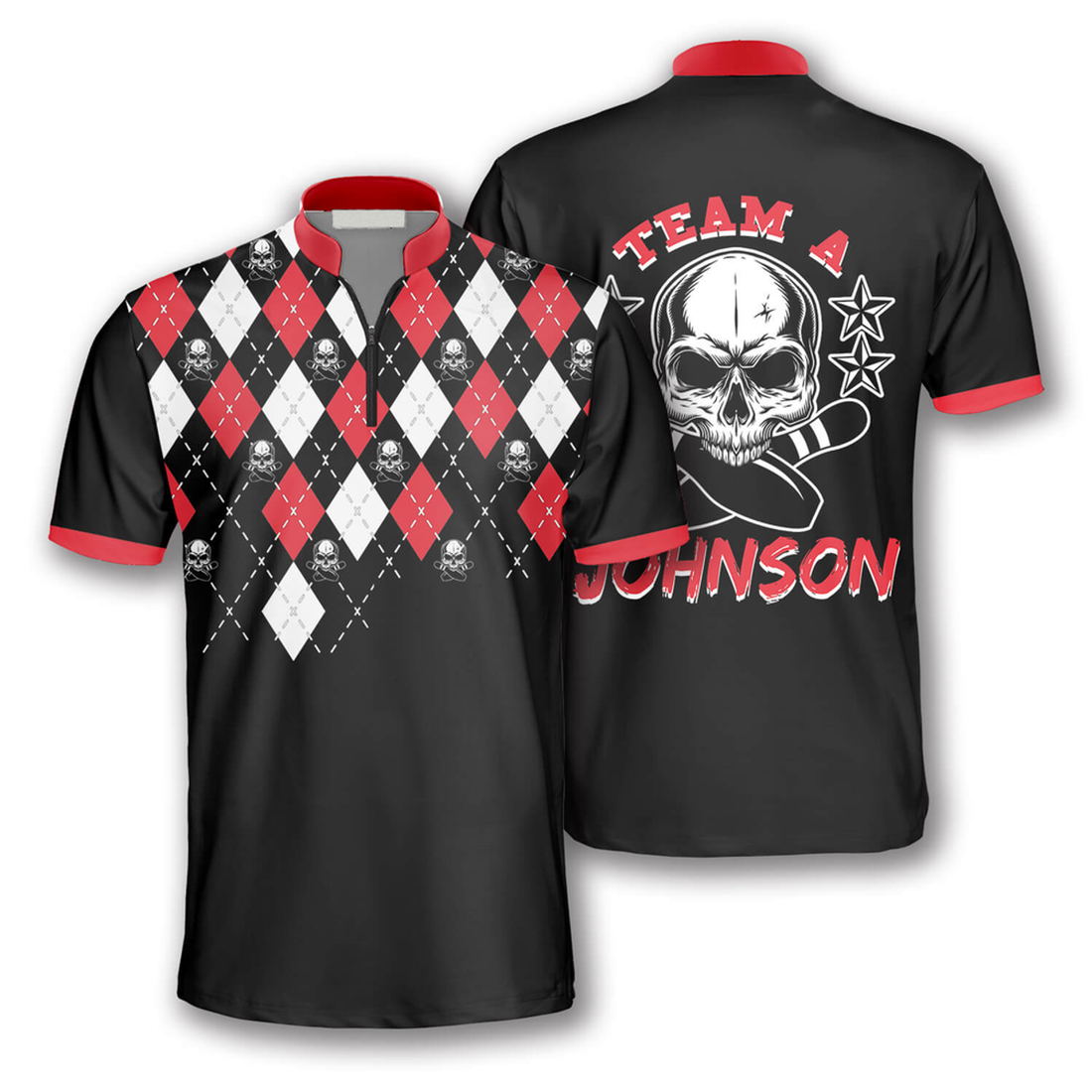 Custom Skull Red Argyle Pattern Custom Bowling Jerseys for Men, Perfect Gift for Bowler, Skull Bowling Shirt